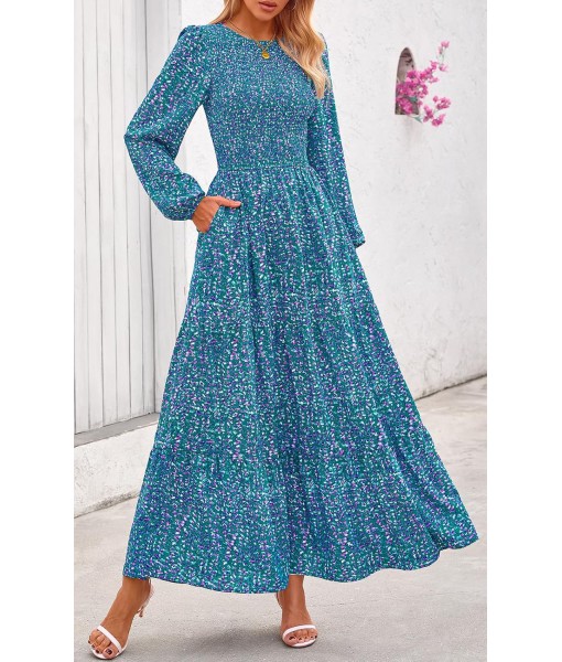PRETTYGARDEN Women's Fall Dresses 2025 Long Sleeve Flowy Casual Floral Maxi Dress Crew Neck Smocked Tiered Long Dress