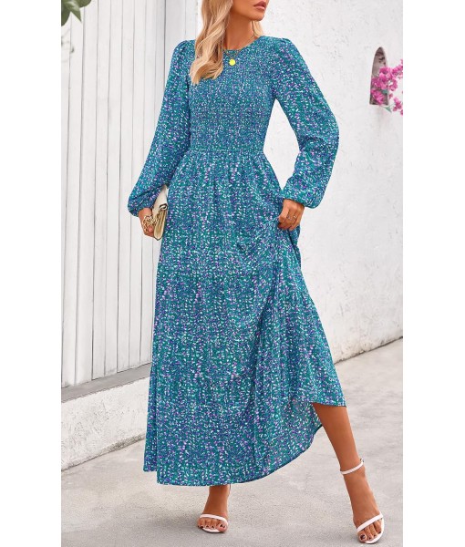 PRETTYGARDEN Women's Fall Dresses 2025 Long Sleeve Flowy Casual Floral Maxi Dress Crew Neck Smocked Tiered Long Dress
