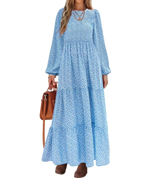 PRETTYGARDEN Women's Fall Dresses 2025 Long Sleeve Flowy Casual Floral Maxi Dress Crew Neck Smocked Tiered Long Dress