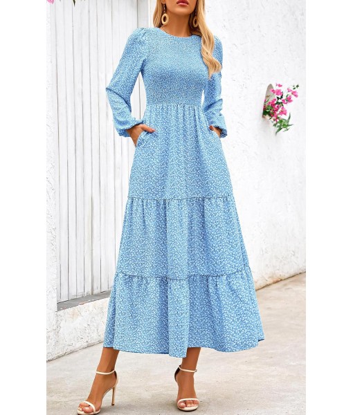 PRETTYGARDEN Women's Fall Dresses 2025 Long Sleeve Flowy Casual Floral Maxi Dress Crew Neck Smocked Tiered Long Dress