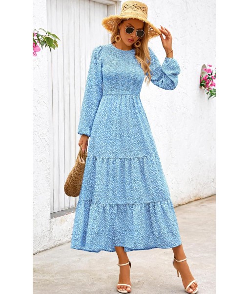 PRETTYGARDEN Women's Fall Dresses 2025 Long Sleeve Flowy Casual Floral Maxi Dress Crew Neck Smocked Tiered Long Dress