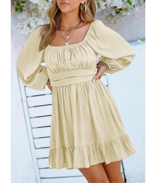 Dokotoo Womens Dress Long Lantern Sleeve Square Neck Tie Backless Sexy Dress Ruffle Elastic Waist A-Line Mini Dress