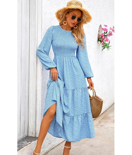 PRETTYGARDEN Women's Fall Dresses 2025 Long Sleeve Flowy Casual Floral Maxi Dress Crew Neck Smocked Tiered Long Dress