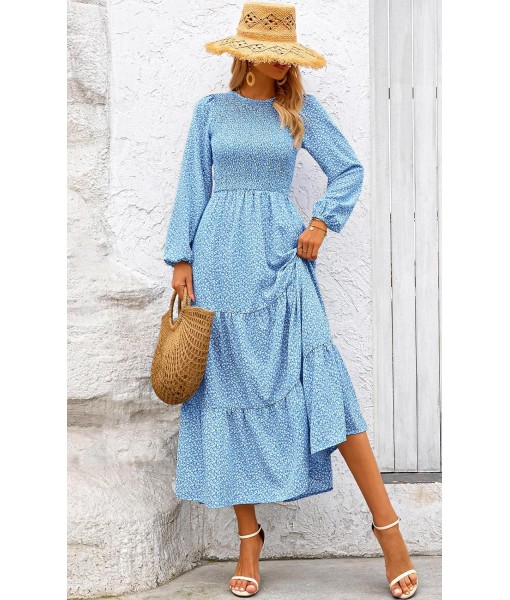 PRETTYGARDEN Women's Fall Dresses 2025 Long Sleeve Flowy Casual Floral Maxi Dress Crew Neck Smocked Tiered Long Dress