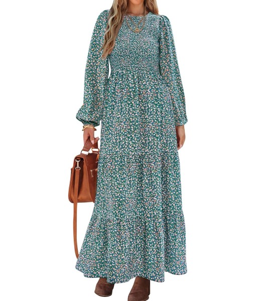 PRETTYGARDEN Women's Fall Dresses 2025 Long Sleeve Flowy Casual Floral Maxi Dress Crew Neck Smocked Tiered Long Dress