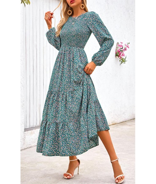 PRETTYGARDEN Women's Fall Dresses 2025 Long Sleeve Flowy Casual Floral Maxi Dress Crew Neck Smocked Tiered Long Dress
