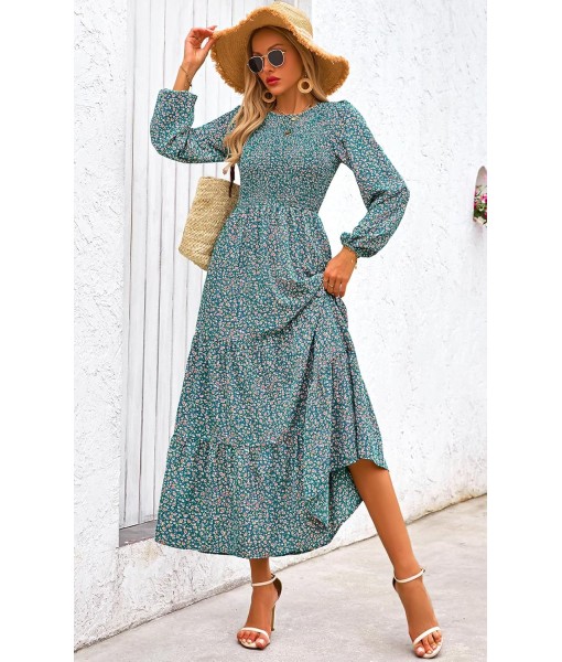 PRETTYGARDEN Women's Fall Dresses 2025 Long Sleeve Flowy Casual Floral Maxi Dress Crew Neck Smocked Tiered Long Dress