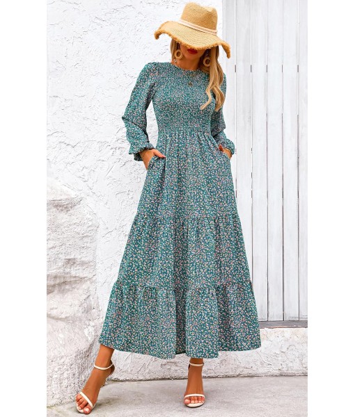 PRETTYGARDEN Women's Fall Dresses 2025 Long Sleeve Flowy Casual Floral Maxi Dress Crew Neck Smocked Tiered Long Dress