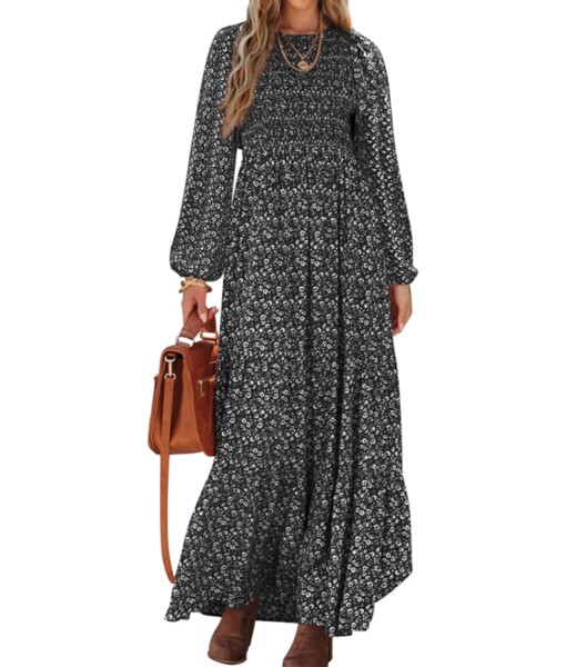 PRETTYGARDEN Women's Fall Dresses 2025 Long Sleeve Flowy Casual Floral Maxi Dress Crew Neck Smocked Tiered Long Dress