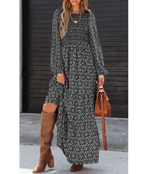 PRETTYGARDEN Women's Fall Dresses 2025 Long Sleeve Flowy Casual Floral Maxi Dress Crew Neck Smocked Tiered Long Dress