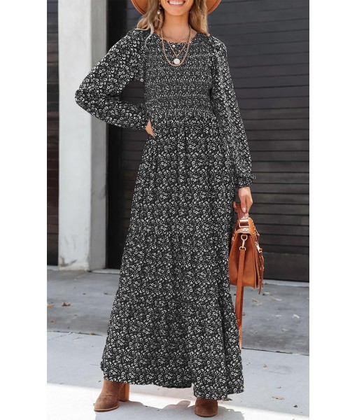 PRETTYGARDEN Women's Fall Dresses 2025 Long Sleeve Flowy Casual Floral Maxi Dress Crew Neck Smocked Tiered Long Dress