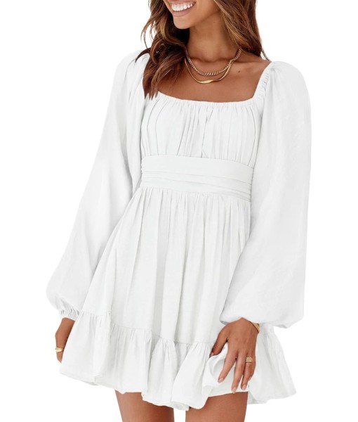 Dokotoo Womens Dress Long Lantern Sleeve Square Neck Tie Backless Sexy Dress Ruffle Elastic Waist A-Line Mini Dress