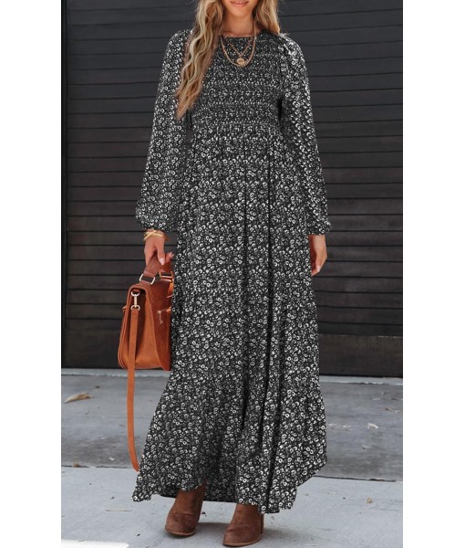 PRETTYGARDEN Women's Fall Dresses 2025 Long Sleeve Flowy Casual Floral Maxi Dress Crew Neck Smocked Tiered Long Dress
