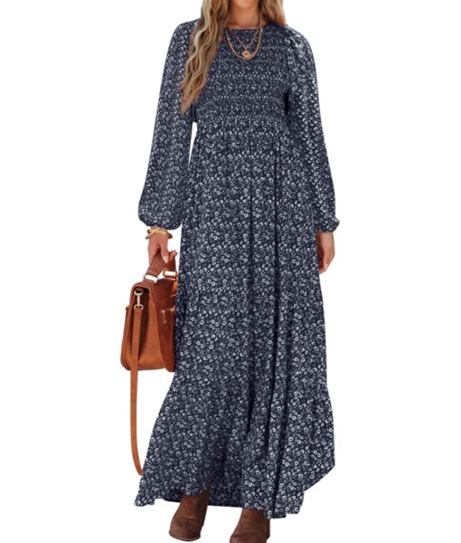 PRETTYGARDEN Women's Fall Dresses 2025 Long Sleeve Flowy Casual Floral Maxi Dress Crew Neck Smocked Tiered Long Dress