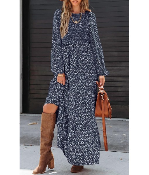 PRETTYGARDEN Women's Fall Dresses 2025 Long Sleeve Flowy Casual Floral Maxi Dress Crew Neck Smocked Tiered Long Dress