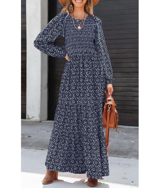 PRETTYGARDEN Women's Fall Dresses 2025 Long Sleeve Flowy Casual Floral Maxi Dress Crew Neck Smocked Tiered Long Dress