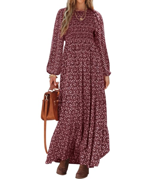 PRETTYGARDEN Women's Fall Dresses 2025 Long Sleeve Flowy Casual Floral Maxi Dress Crew Neck Smocked Tiered Long Dress