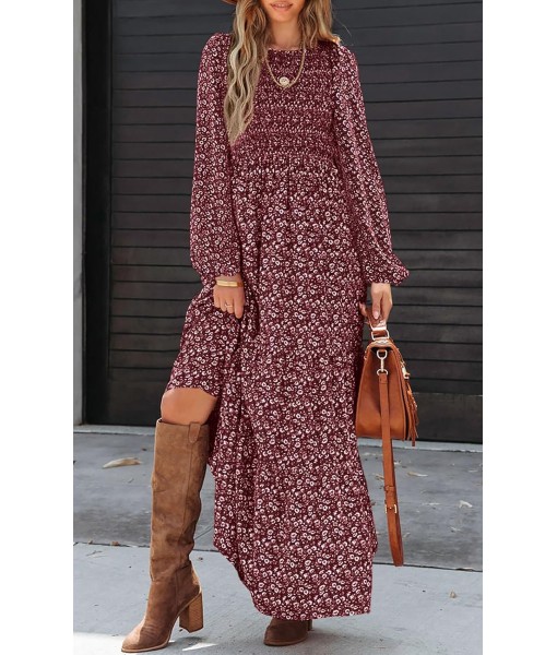 PRETTYGARDEN Women's Fall Dresses 2025 Long Sleeve Flowy Casual Floral Maxi Dress Crew Neck Smocked Tiered Long Dress