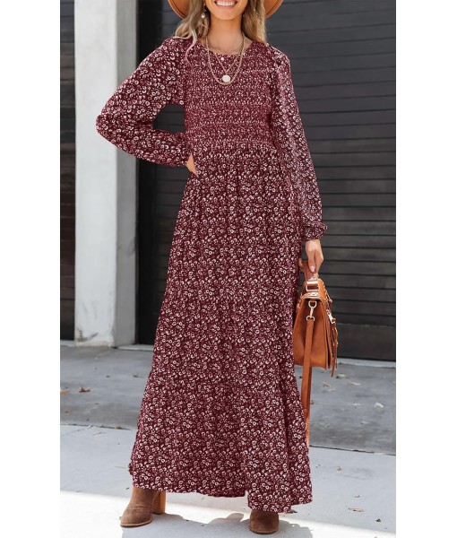 PRETTYGARDEN Women's Fall Dresses 2025 Long Sleeve Flowy Casual Floral Maxi Dress Crew Neck Smocked Tiered Long Dress
