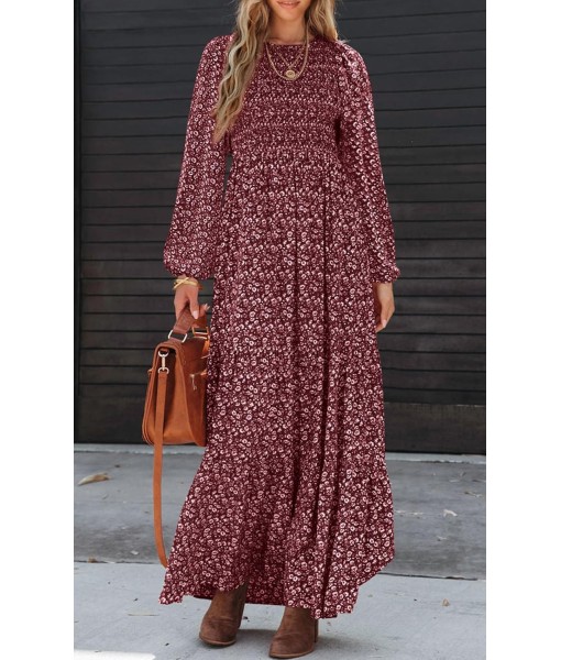 PRETTYGARDEN Women's Fall Dresses 2025 Long Sleeve Flowy Casual Floral Maxi Dress Crew Neck Smocked Tiered Long Dress