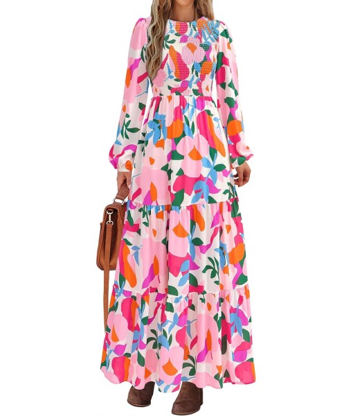 PRETTYGARDEN Women's Fall Dresses 2025 Long Sleeve Flowy Casual Floral Maxi Dress Crew Neck Smocked Tiered Long Dress