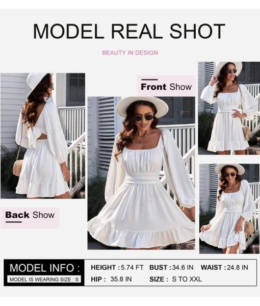 Dokotoo Womens Dress Long Lantern Sleeve Square Neck Tie Backless Sexy Dress Ruffle Elastic Waist A-Line Mini Dress