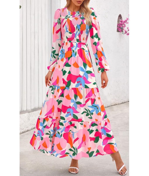 PRETTYGARDEN Women's Fall Dresses 2025 Long Sleeve Flowy Casual Floral Maxi Dress Crew Neck Smocked Tiered Long Dress