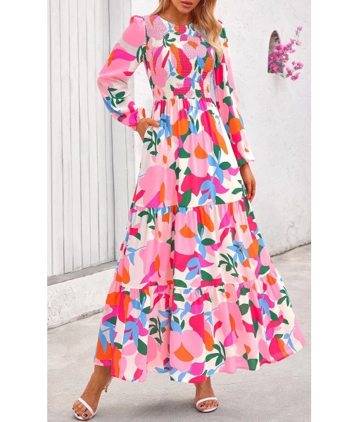 PRETTYGARDEN Women's Fall Dresses 2025 Long Sleeve Flowy Casual Floral Maxi Dress Crew Neck Smocked Tiered Long Dress