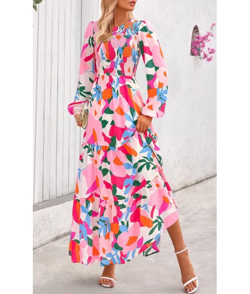 PRETTYGARDEN Women's Fall Dresses 2025 Long Sleeve Flowy Casual Floral Maxi Dress Crew Neck Smocked Tiered Long Dress