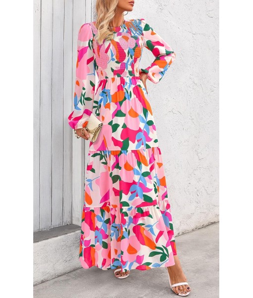PRETTYGARDEN Women's Fall Dresses 2025 Long Sleeve Flowy Casual Floral Maxi Dress Crew Neck Smocked Tiered Long Dress