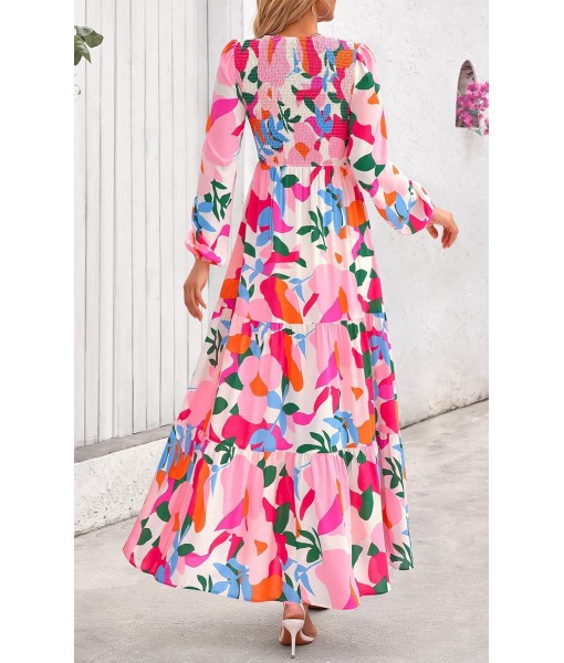 PRETTYGARDEN Women's Fall Dresses 2025 Long Sleeve Flowy Casual Floral Maxi Dress Crew Neck Smocked Tiered Long Dress