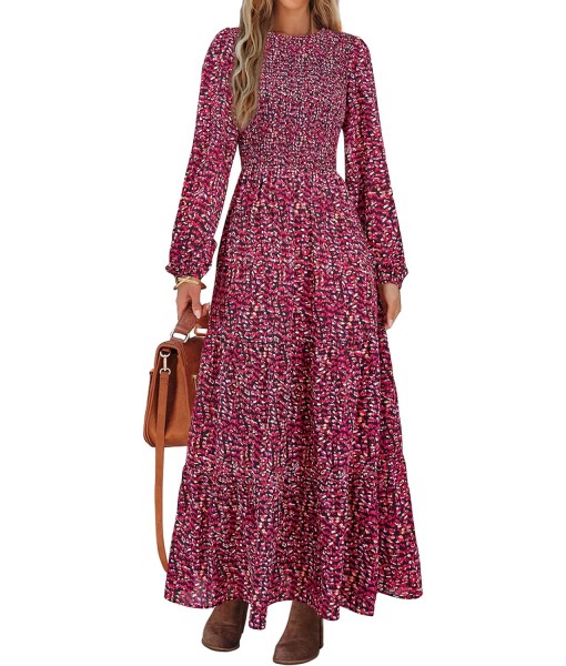 PRETTYGARDEN Women's Fall Dresses 2025 Long Sleeve Flowy Casual Floral Maxi Dress Crew Neck Smocked Tiered Long Dress
