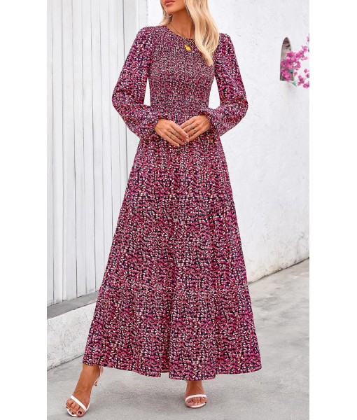 PRETTYGARDEN Women's Fall Dresses 2025 Long Sleeve Flowy Casual Floral Maxi Dress Crew Neck Smocked Tiered Long Dress