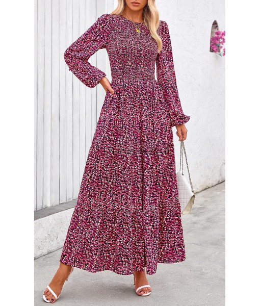 PRETTYGARDEN Women's Fall Dresses 2025 Long Sleeve Flowy Casual Floral Maxi Dress Crew Neck Smocked Tiered Long Dress