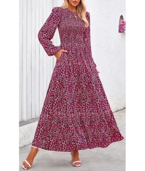 PRETTYGARDEN Women's Fall Dresses 2025 Long Sleeve Flowy Casual Floral Maxi Dress Crew Neck Smocked Tiered Long Dress