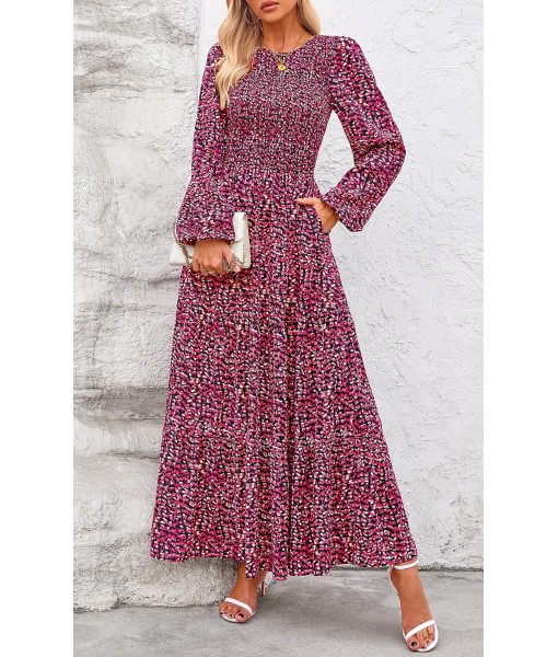 PRETTYGARDEN Women's Fall Dresses 2025 Long Sleeve Flowy Casual Floral Maxi Dress Crew Neck Smocked Tiered Long Dress