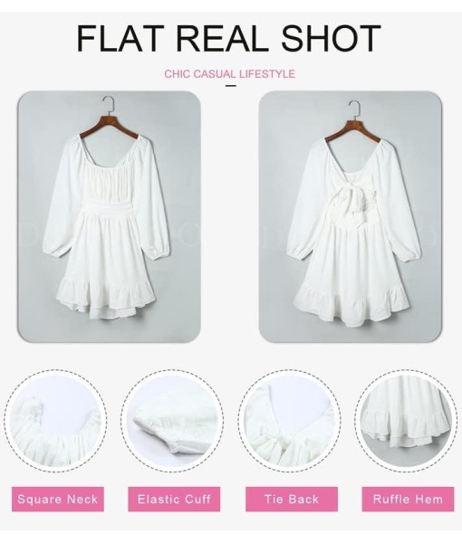 Dokotoo Womens Dress Long Lantern Sleeve Square Neck Tie Backless Sexy Dress Ruffle Elastic Waist A-Line Mini Dress