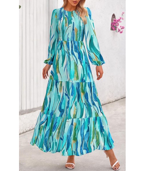 PRETTYGARDEN Women's Fall Dresses 2025 Long Sleeve Flowy Casual Floral Maxi Dress Crew Neck Smocked Tiered Long Dress