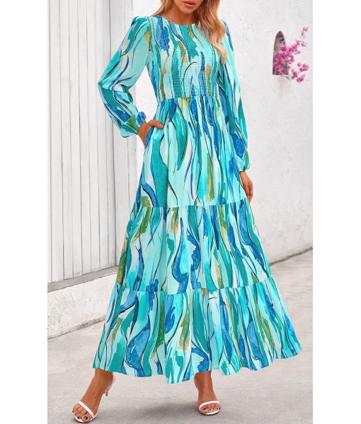 PRETTYGARDEN Women's Fall Dresses 2025 Long Sleeve Flowy Casual Floral Maxi Dress Crew Neck Smocked Tiered Long Dress