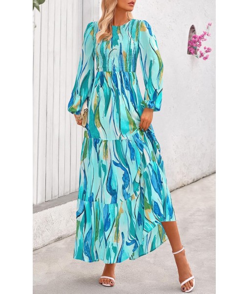 PRETTYGARDEN Women's Fall Dresses 2025 Long Sleeve Flowy Casual Floral Maxi Dress Crew Neck Smocked Tiered Long Dress