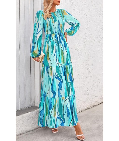 PRETTYGARDEN Women's Fall Dresses 2025 Long Sleeve Flowy Casual Floral Maxi Dress Crew Neck Smocked Tiered Long Dress