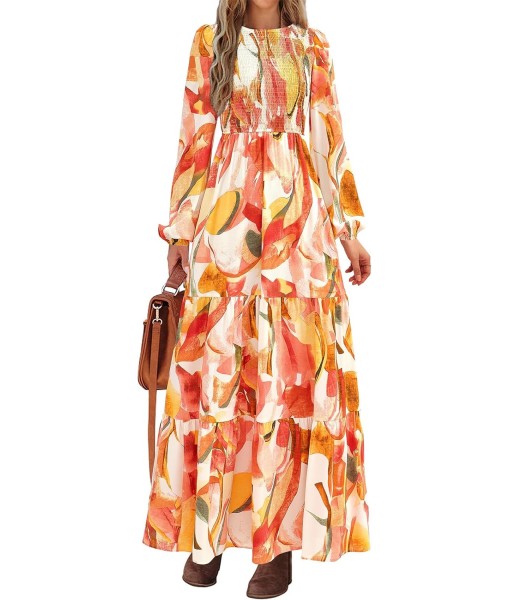 PRETTYGARDEN Women's Fall Dresses 2025 Long Sleeve Flowy Casual Floral Maxi Dress Crew Neck Smocked Tiered Long Dress