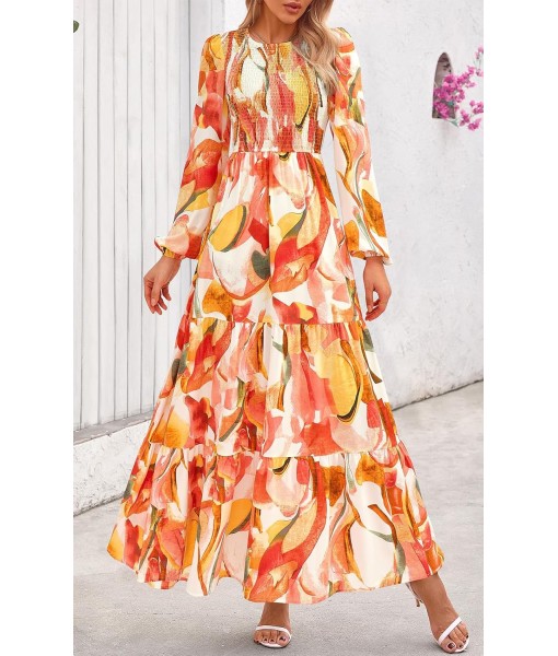 PRETTYGARDEN Women's Fall Dresses 2025 Long Sleeve Flowy Casual Floral Maxi Dress Crew Neck Smocked Tiered Long Dress