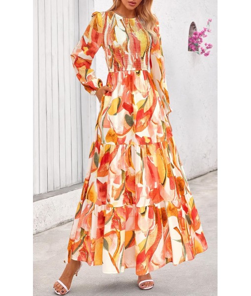 PRETTYGARDEN Women's Fall Dresses 2025 Long Sleeve Flowy Casual Floral Maxi Dress Crew Neck Smocked Tiered Long Dress