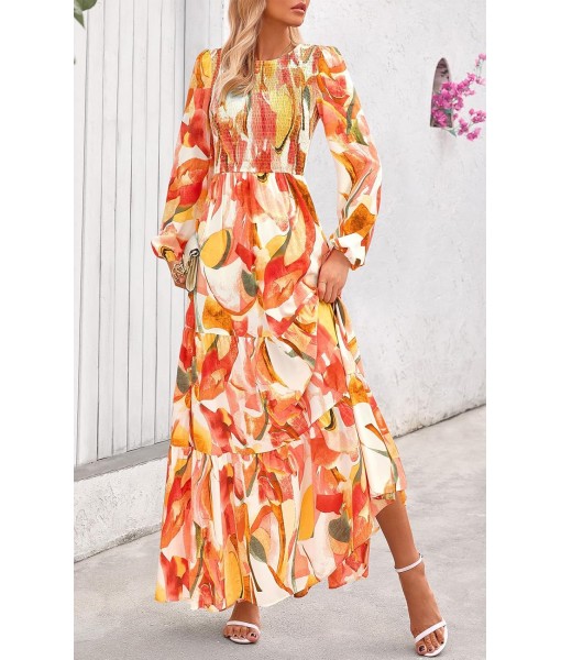 PRETTYGARDEN Women's Fall Dresses 2025 Long Sleeve Flowy Casual Floral Maxi Dress Crew Neck Smocked Tiered Long Dress