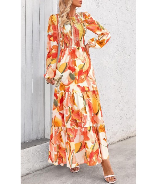 PRETTYGARDEN Women's Fall Dresses 2025 Long Sleeve Flowy Casual Floral Maxi Dress Crew Neck Smocked Tiered Long Dress
