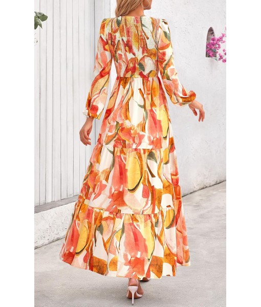 PRETTYGARDEN Women's Fall Dresses 2025 Long Sleeve Flowy Casual Floral Maxi Dress Crew Neck Smocked Tiered Long Dress