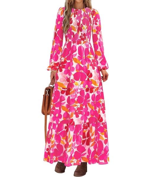 PRETTYGARDEN Women's Fall Dresses 2025 Long Sleeve Flowy Casual Floral Maxi Dress Crew Neck Smocked Tiered Long Dress