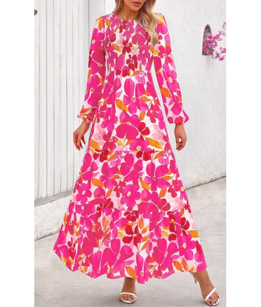 PRETTYGARDEN Women's Fall Dresses 2025 Long Sleeve Flowy Casual Floral Maxi Dress Crew Neck Smocked Tiered Long Dress