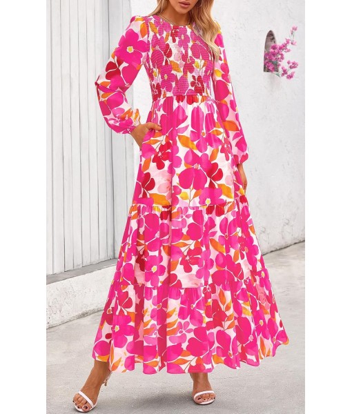 PRETTYGARDEN Women's Fall Dresses 2025 Long Sleeve Flowy Casual Floral Maxi Dress Crew Neck Smocked Tiered Long Dress